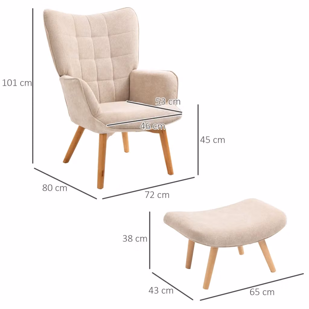 Poltrona lounge WISHDOR in velluto a coste beige con pouf coordinato e gambe in legno di faggio, L: 101 cm, P: 80 cm, H: 72 cm – 2