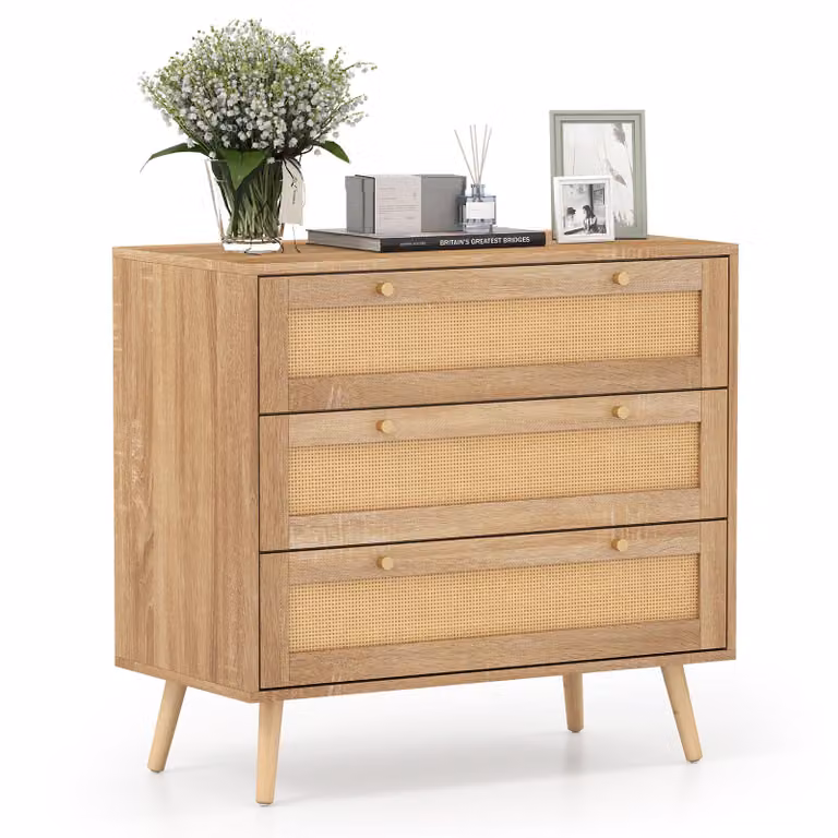 Comodino in rattan COSTWAY con 3 cassetti, credenza in legno con gambe in pino, cassettiera, mobile contenitore, 80 x 40 x 75,5 cm
