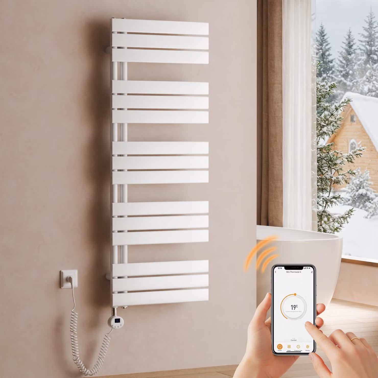 Asciugamani elettrico da parete, dimensioni 1320 x 500 mm, 800 W, bianco, radiatore per bagno con termostato, Wi-Fi, timer programmabile e display LCD – S'AFIELINA