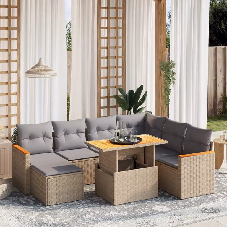vidaXL Set Divano da Giardino 8 pz a L in Polyrattan con Cuscini Beige e Grigio e Tavolino da Caffè