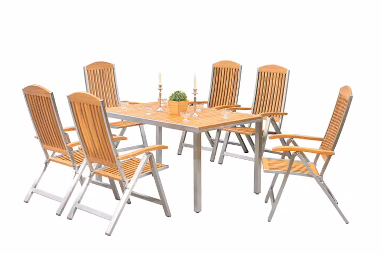 Set di mobili da giardino Merxx Keros 7 pezzi, 6 sedie pieghevoli, 1 tavolo 150 x 90 cm - acciaio inossidabile/acacia