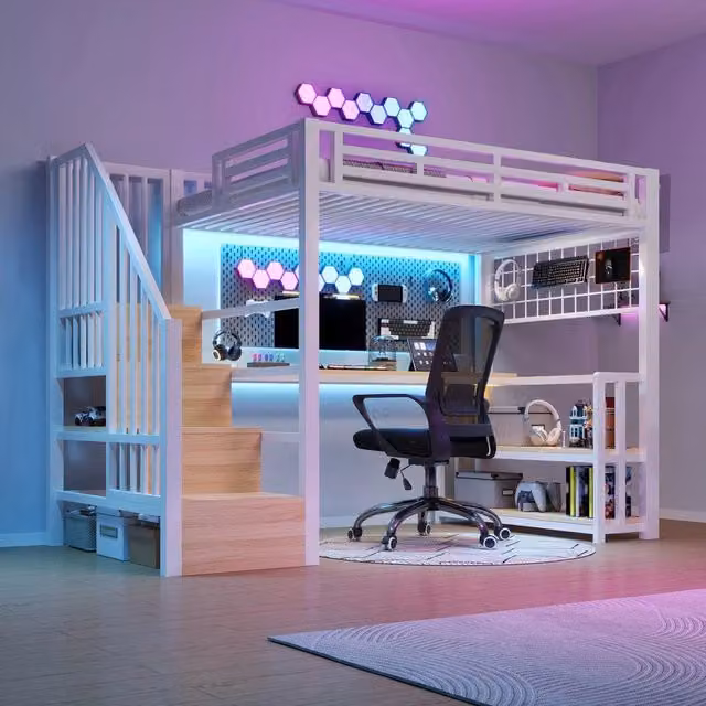 Letto a soppalco ¨C Minimal ¨C 90x200 cm bianco con metallo led struttura contenitore scrivania senza materasso