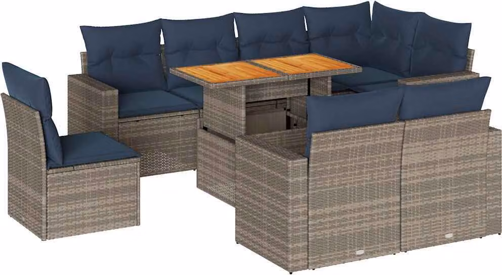 Set Divano da Giardino 9 pz con Cuscini Grigio in Polyrattan