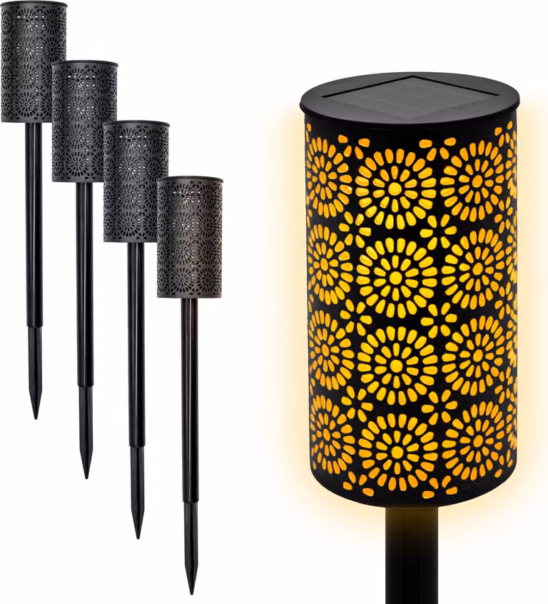 1.01 Torcia solare a LED in nero - 4 pezzi / circa 49 cm - Luce da giardino con 12 LED ed effetto fiamma (4 pezzi)