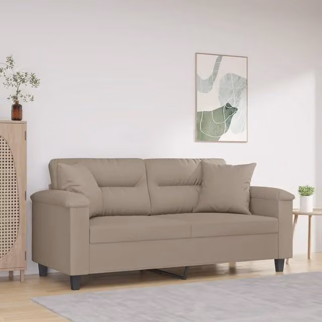 Divano a 2 Posti con Cuscini-Sofa 2 Posti con Cuscini Tortora 140 cm Tessuto Microfibra