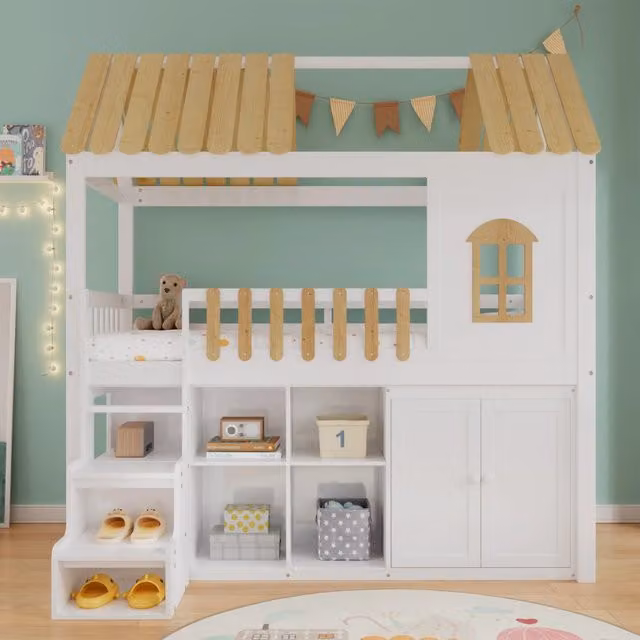 Desviae Letto a soppalco per bambini 90 × 200 cm con armadio, scaffale e scala in legno bianco e naturale con finestra