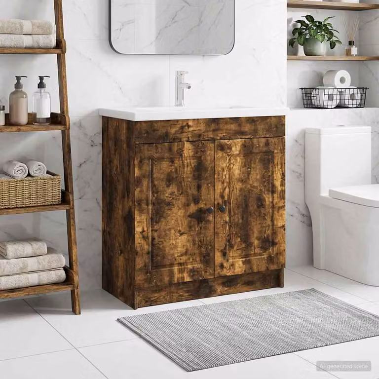 Mobiletto da bagno sotto il lavello vidaXL Rovere Fumo con ante a battente e ripiani interni, L: 81,0 cm, H: 78,5 cm, P: 37,5 cm