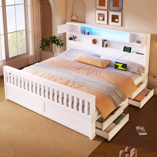 Letto piattaforma 180x200 cm con testiera libreria; LED e 4 cassetti; bianco