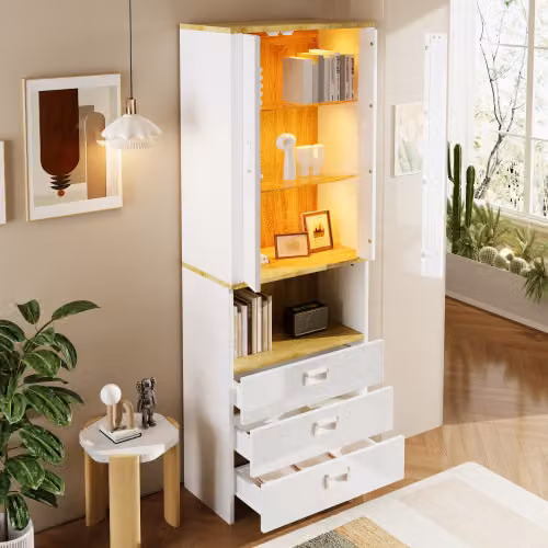 AIORBER 181,5cm mobile alto, mobile da cucina, con 3 cassetti, 2 porte e scomparto aperto, con illuminazione LED, porte in vetro trasparente, per soggiorno, cucina, bianco