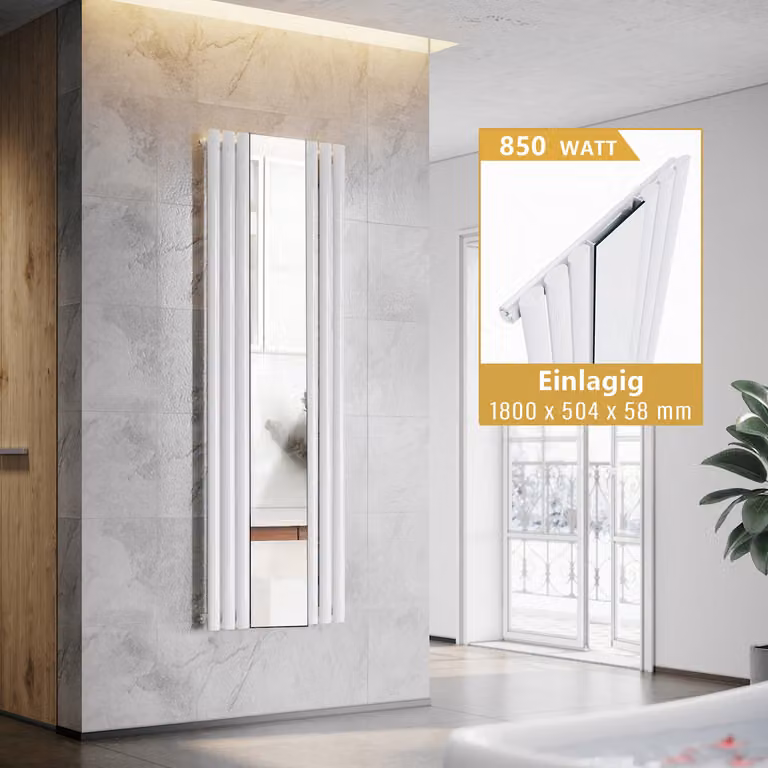 SONNI - Radiatore a tubi verticali con specchio, colore bianco, dimensioni 1800x504 mm, senza resistenza riscaldante