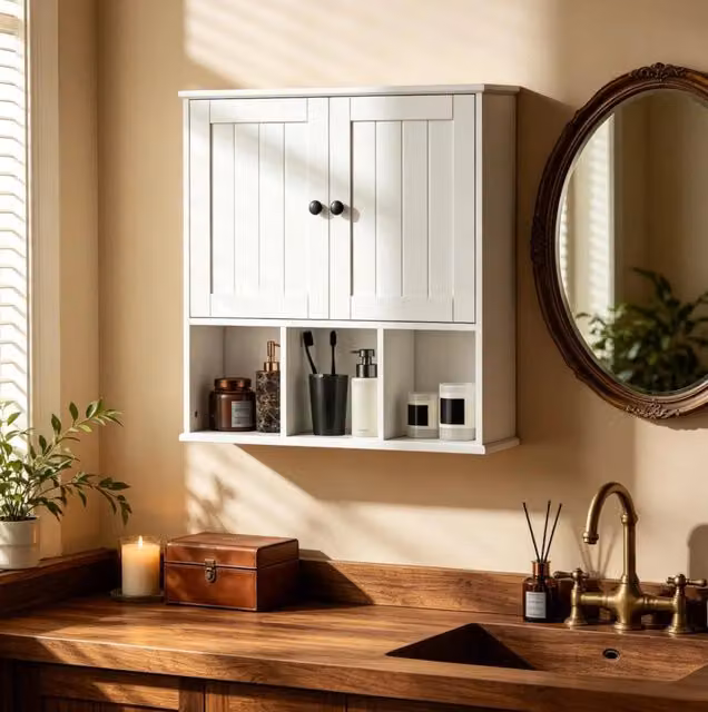 Mobiletto da bagno a muro in MDF bianco con 2 porte, ripiani regolabili e vani aperti, 60x19,5x60 cm