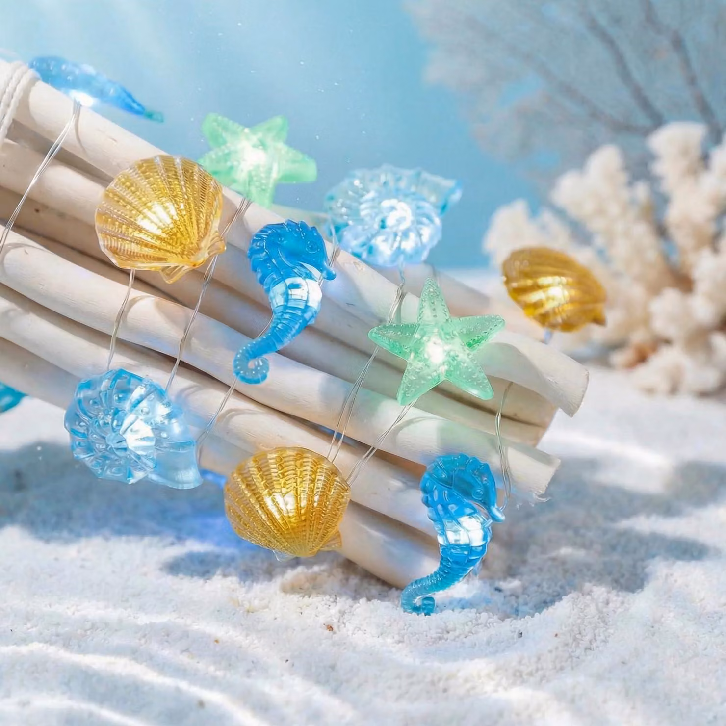 Luci decorative a tema fiabesco, lunghezza 3 metri, 30 LED, alimentazione a batteria, luce bianco caldo, motivi marini