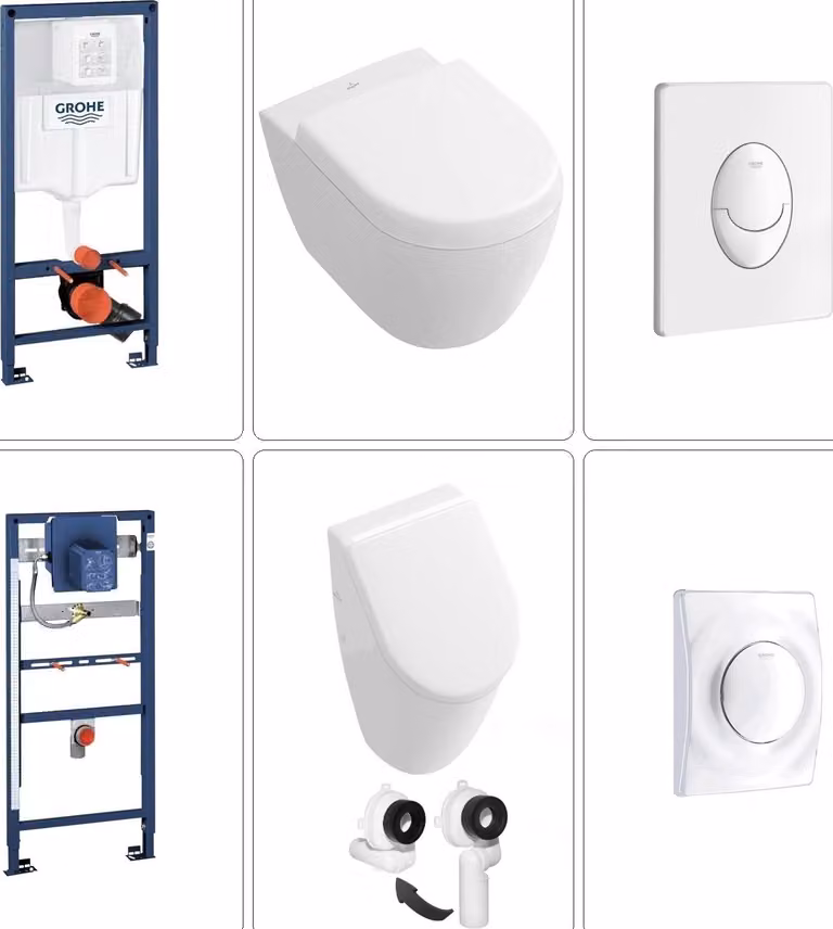Orinatoio Villeroy & Boch Subway set con WC a parete e accessori Grohe, bianco