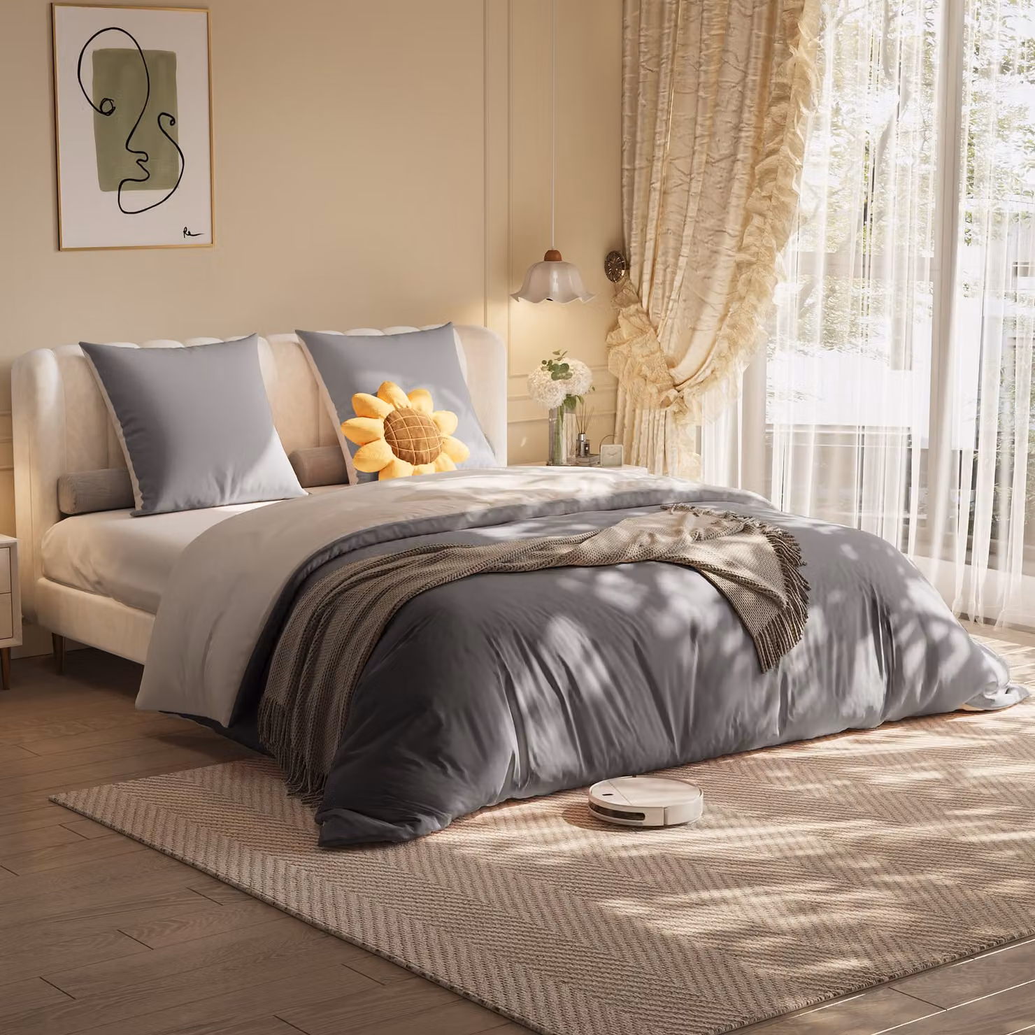 Set 4 pezzi di biancheria da letto in poliestere, 140 x 200 cm, fantasia a quadri in cotone, resistente alle pieghe e allo sbiadimento - Grigio