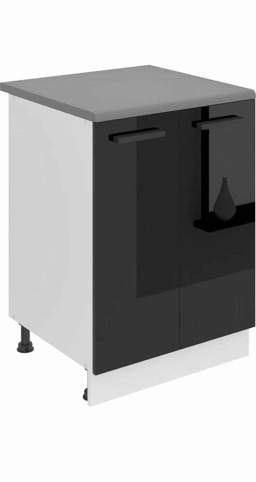 Base da cucina Belini, base da cucina larga 60 cm. SD2 Base per cucina con piano di lavoro. Mobile da cucina a 2 ante, nero lucido