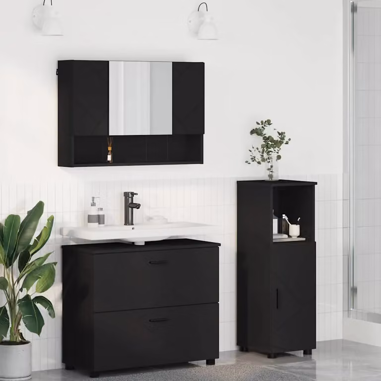Set di mobili per il bagno moderno vidaXL in 3 pezzi nero opaco L: 76,5 cm, P: 35 cm, H: 64 cm
