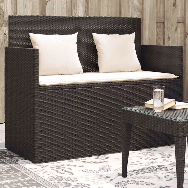 Panca da giardino moderna vidaXL in polyrattan nera con cuscini L: 120 cm, P: 76,7 cm, H: 90,5 cm