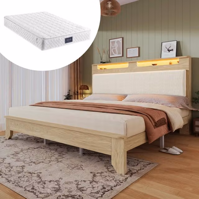 Letto matrimoniale in legno 140x200 cm - Zephmum - Testiera con LED e schienale imbottito, colore quercia chiara