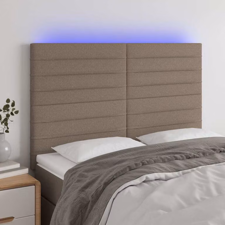 Testiera per letto vidaXL in tessuto tortora con illuminazione LED e porta USB, L: 144 cm, P: 5 cm, H: 118-128 cm