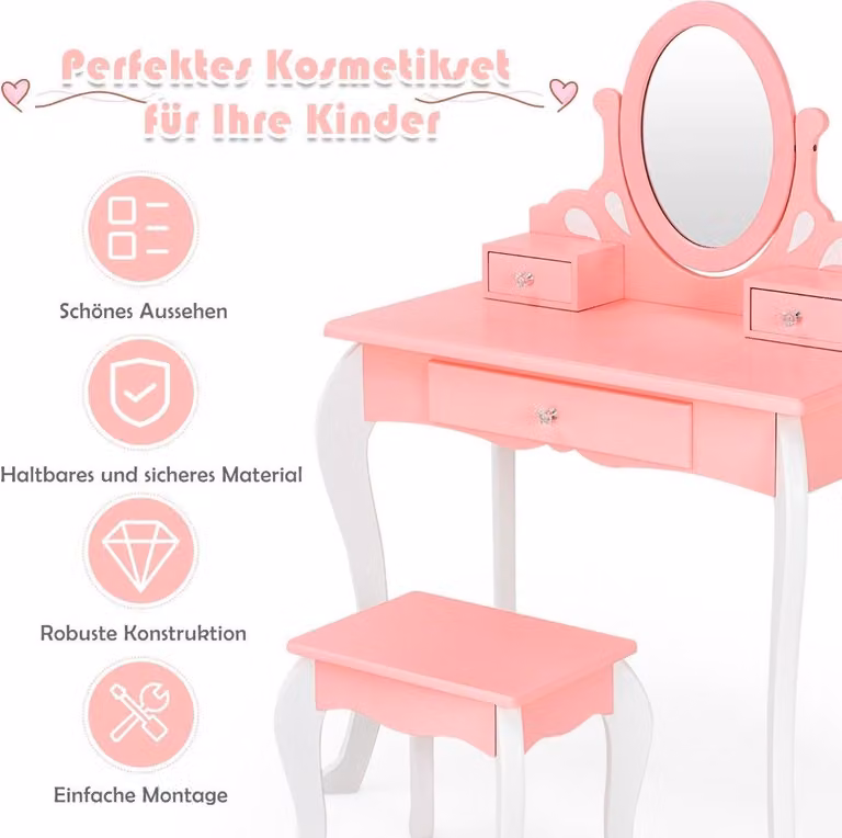 Toilette per bambini con sgabello Toilette principessa con 3 cassetti e specchio rosa