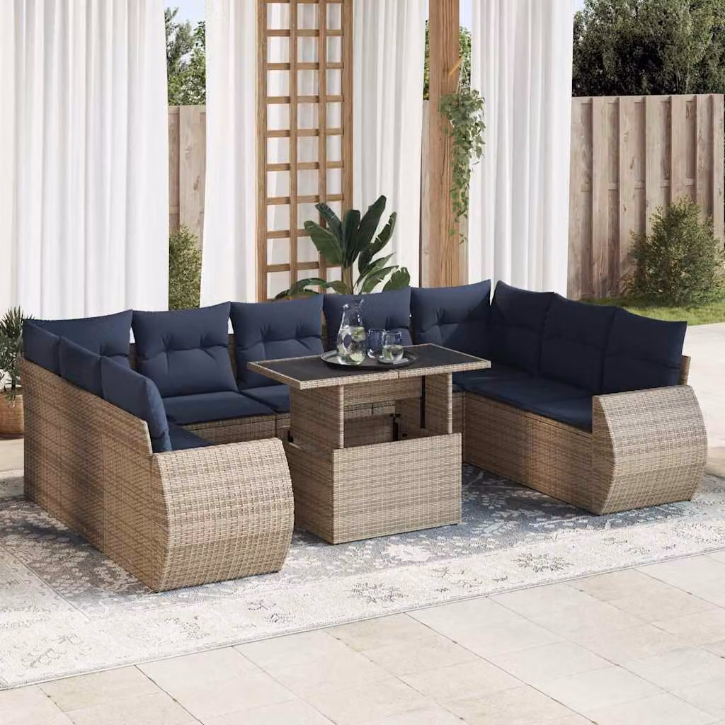 Set da giardino vidaXL composto da 10 pezzi con cuscini in polyrattan e legno di acacia, colore grigio e blu, con forma a U e tavolino da esterno incluso