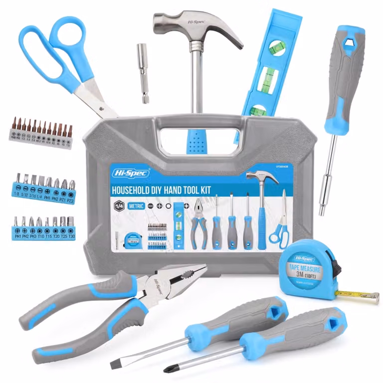 Set di utensili per la casa, il garage e lavori di bricolage, colore blu