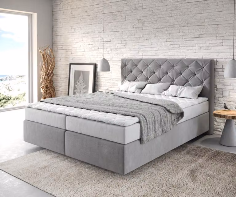 Letto boxspring DELIFE Dream-Great 160x200 cm in microfibra grigia con materasso e topper