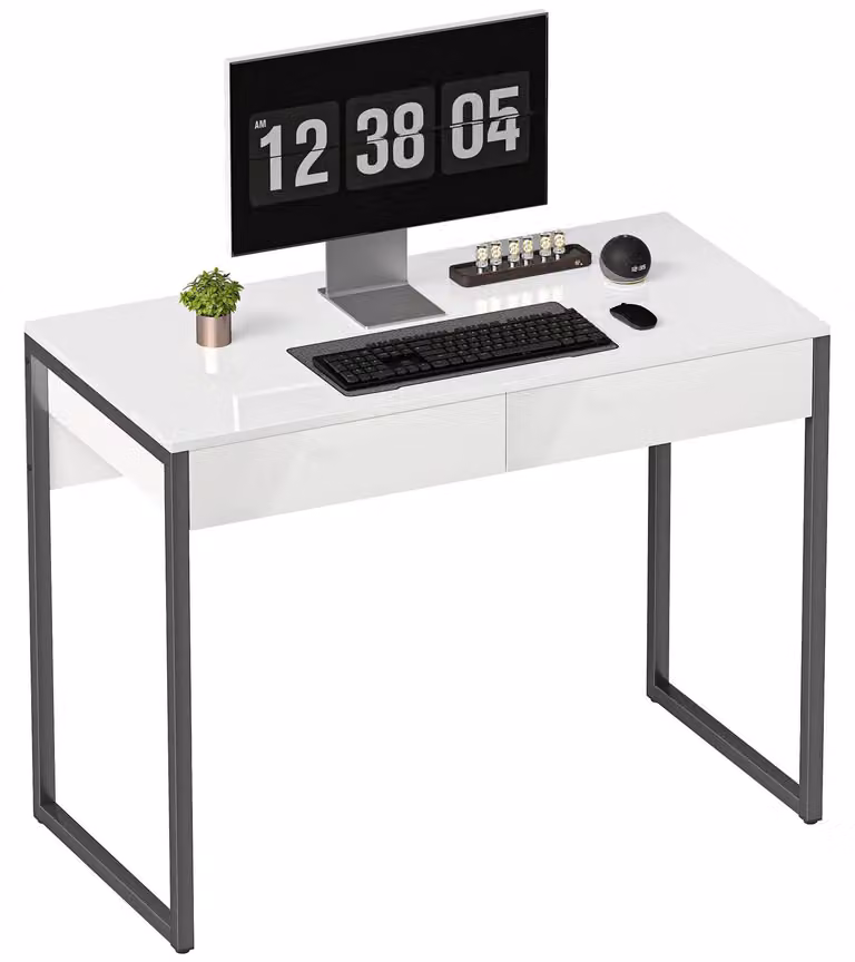 Scrivania - Scrivania per computer - 100 x 50 cm - 2 cassetti - Struttura in metallo - Da montare - Bianco
