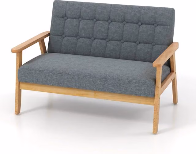 Divano a 2 posti in tessuto con design mid-century, struttura in legno di gomma e cuscini inclusi, Grigio – 1