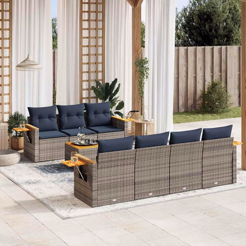 Set di divani da giardino vidaXL in polyrattan con cuscini grigi e blu, composto da 8 pezzi con tavolino e poltrone lounge – 1