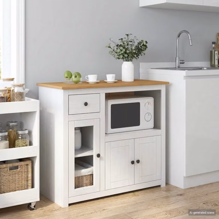 Mobile porta microonde vidaXL PANAMA in pino massello bianco e cera di miele con vetro