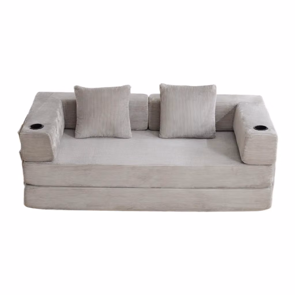 Divano letto pieghevole moderno in velluto a coste grigio con braccioli e tasca laterale per portabicchieri – 2