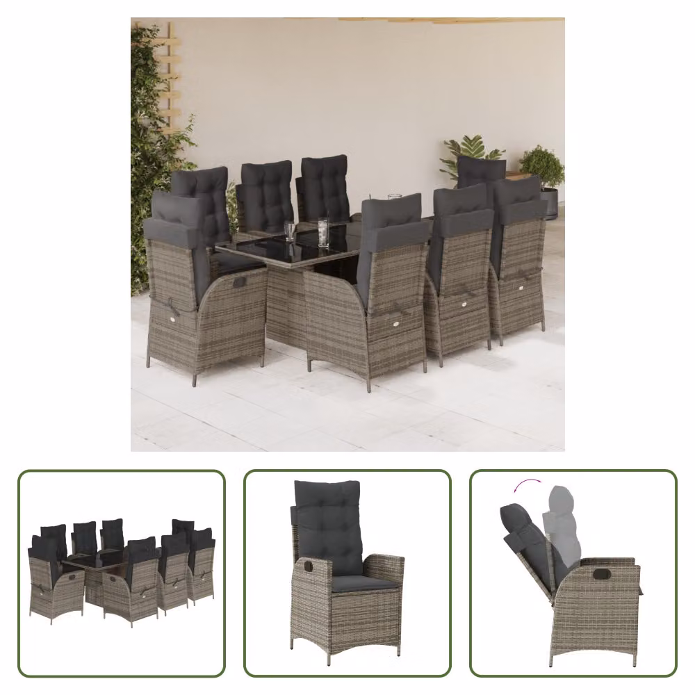 The Living Store Set da pranzo da giardino 9 pezzi con cuscini in poly rattan grigio