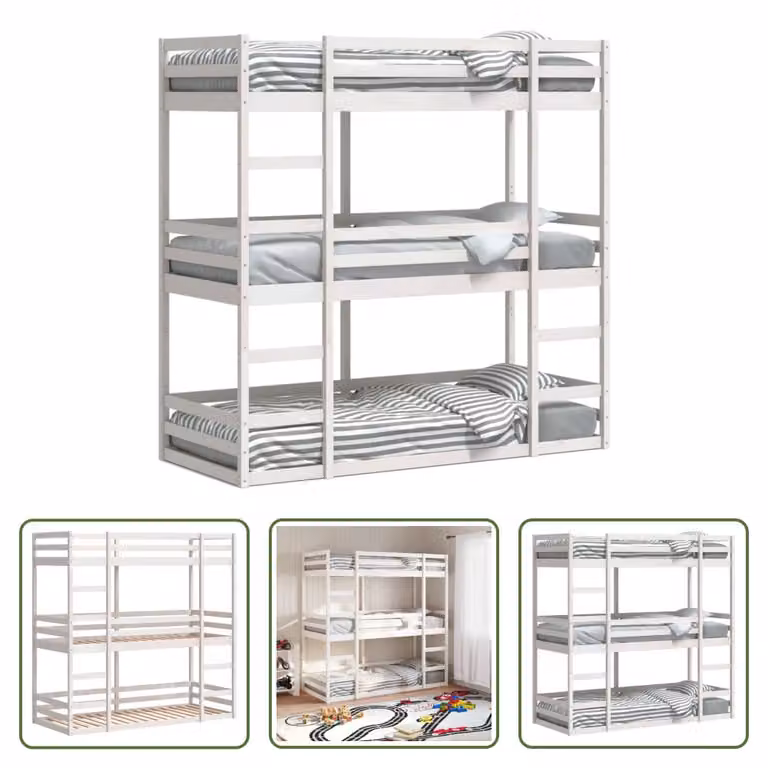 The Living Store Letto a castello triplo bianco 75x190 cm in legno di pino massiccio