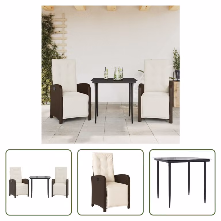 The Living Store Set bistrot 3 pezzi con cuscini in poly rattan marrone