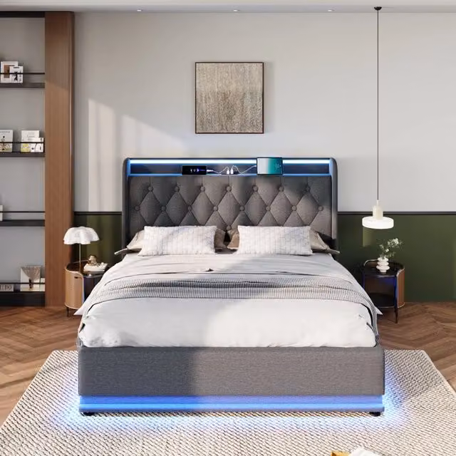Letto imbottito grigio 180x200 cm con contenitore idraulico; LED e USB Tipo-C