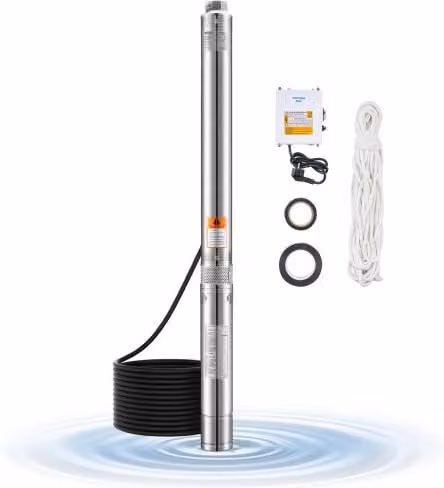 VEVOR Pompa Sommergibile per Pozzi Profondi in Acciaio Inox Argento, Potenza 910 W, Portata 100 L/min, Prevalenza 53 m, IP68