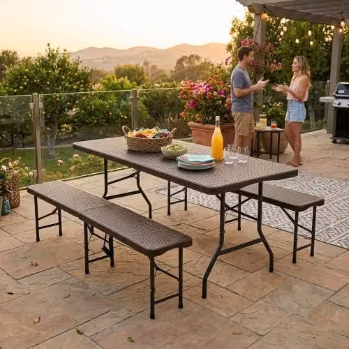 Set da giardino pieghevole per birra, composto da 3 pezzi, realizzato in plastica HDPE. Set di tavoli per birra ideale per campeggio, giardino e birrerie all'aperto. Set da giardino resistente alle intemperie, impermeabile e con motivo a motivi floreali.