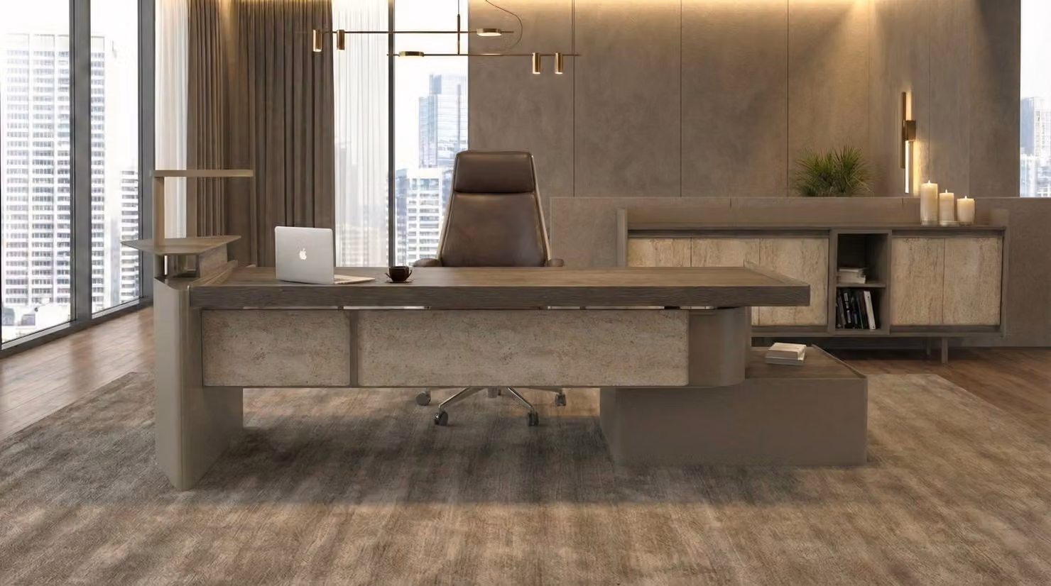 Set da ufficio direzionale moderno: scrivania, mobile contenitore e altri elementi d'arredo dal design elegante