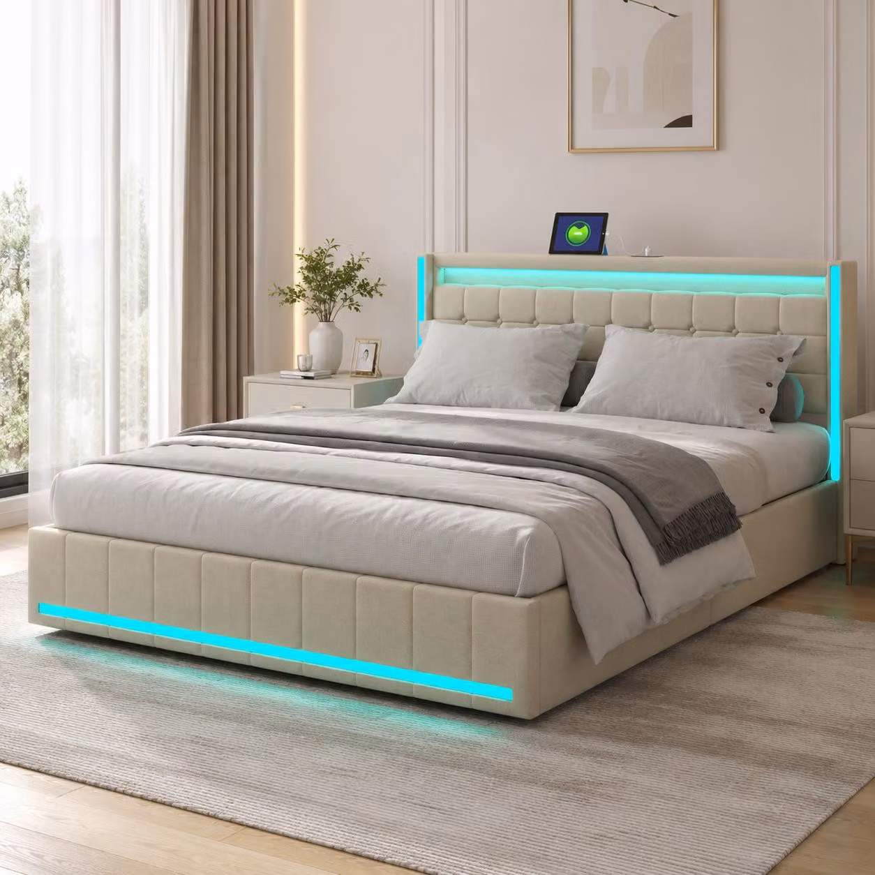 Letto matrimoniale INONEFT con contenitore, dimensioni 180x200 cm, imbottito con 4 cassetti, letto per ragazzi con luci LED, prese USB e Type-C, completo di rete a doghe, rivestito in lino beige