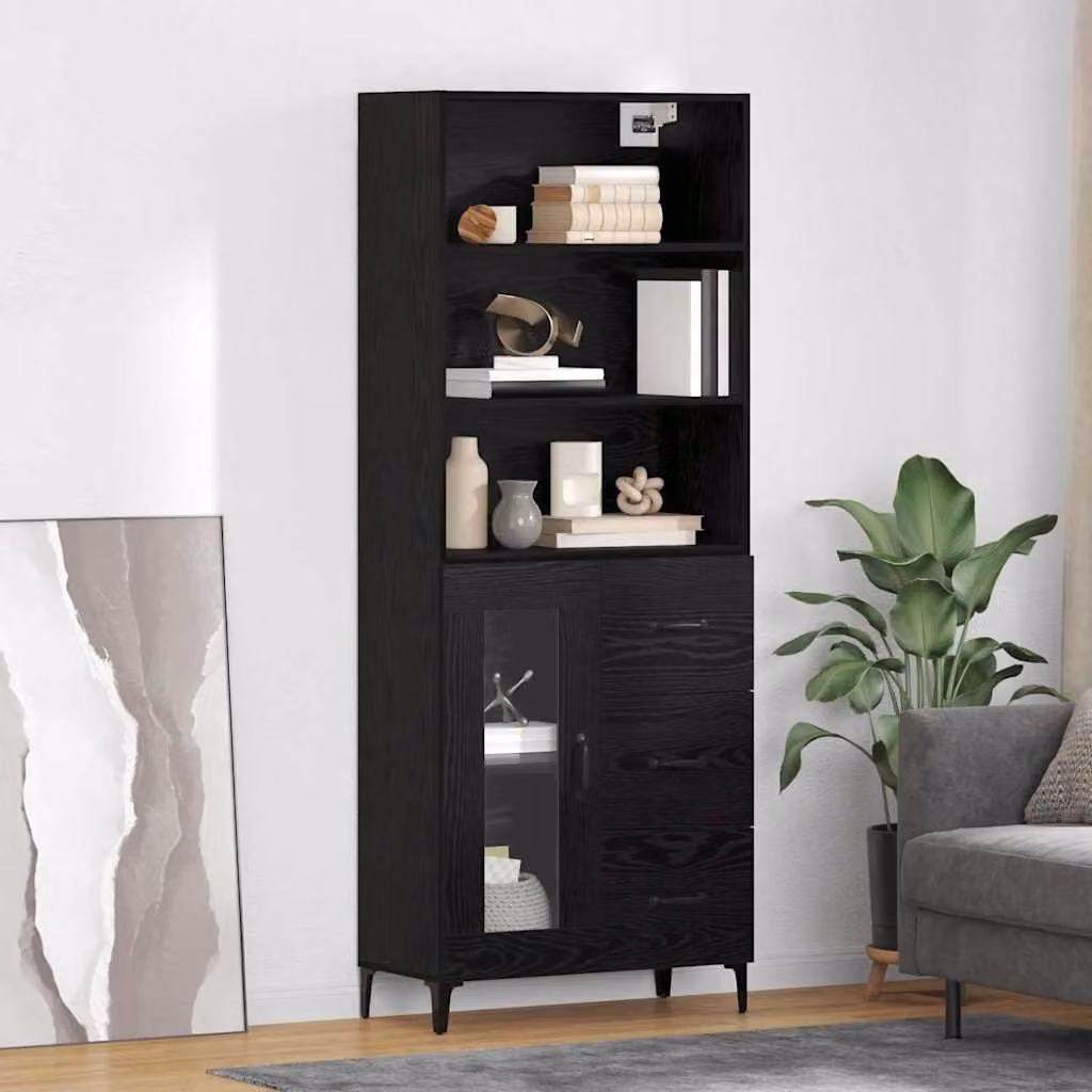 Credenza moderna vidaXL in legno ingegnerizzato e metallo, colore nero, L: 69,5 cm, P: 34 cm, H: 180 cm