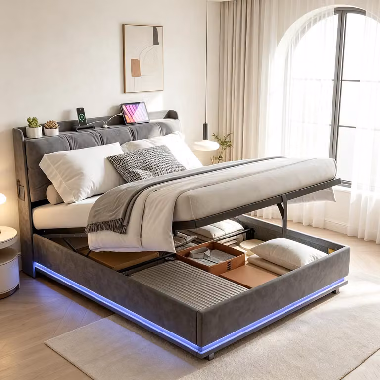 Letto matrimoniale con boxspring, imbottito, 140x190 cm, con LED e USB. Letto con sistema di sollevamento idraulico per lo stoccaggio, dotato di testiera e rete a doghe. Letto matrimoniale, ideale anche per ragazzi, rivestito in velluto, colore grigio