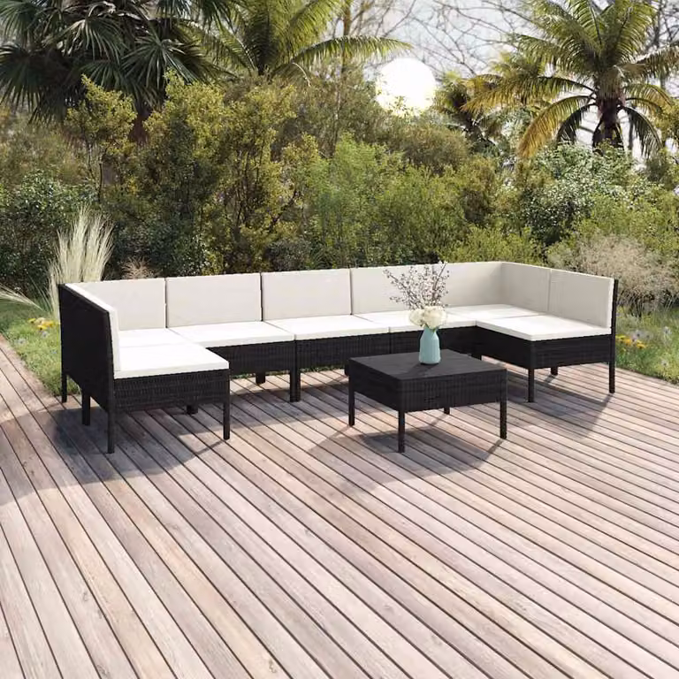 Set Divani da Giardino vidaXL 8 pz con Tavolino e Cuscini, Design Moderno a L, Colore Nero e Bianco