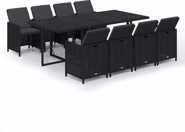 Set da pranzo da esterno moderno in polyrattan nero con tavolo rettangolare in vetro estensibile e 9 pezzi inclusi cuscini