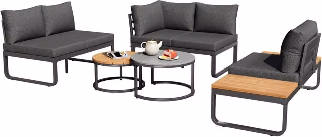 Set da giardino Chicfurn in acciaio verniciato grigio con 2 divani da esterno, poltrona lounge e tavolino da caffè con cuscini inclusi