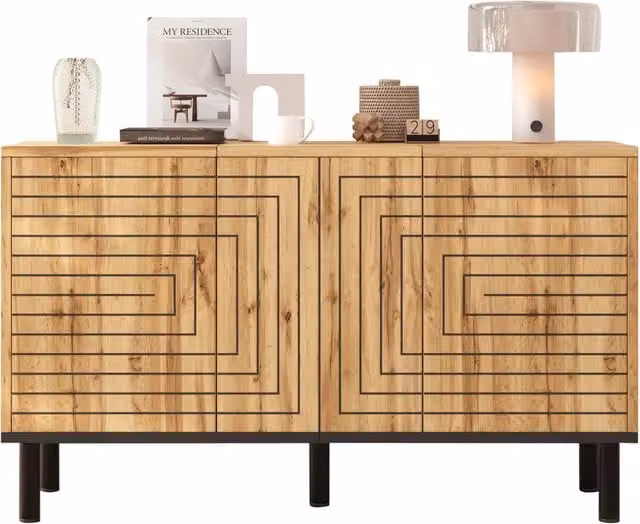 Credenza in Legno Naturale 120 cm con 3 Ante Push-Pull; Motivo a Onde; Mobile Soggiorno
