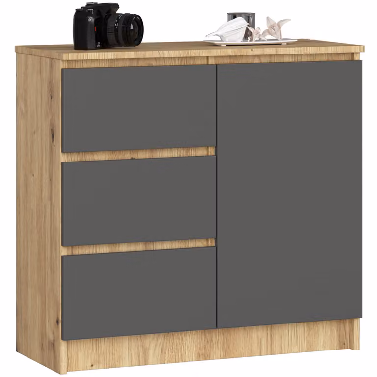 Comò K80 Jerry in rovere artisanale e grigio grafite con 1 porta e 3 cassetti per storage
