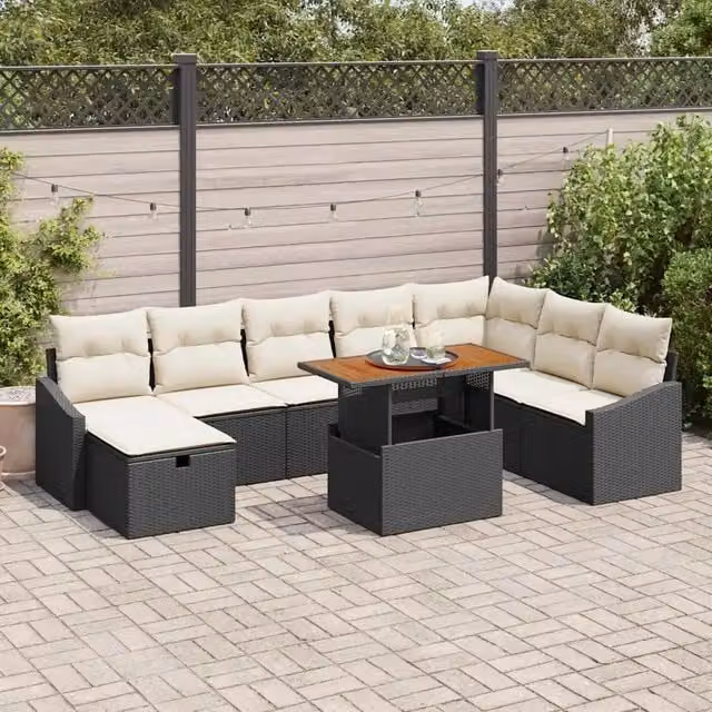 Set Divano da Giardino Moderno vidaXL in Polyrattan Nero con Cuscini e Tavolino da Esterno 9 Pezzi