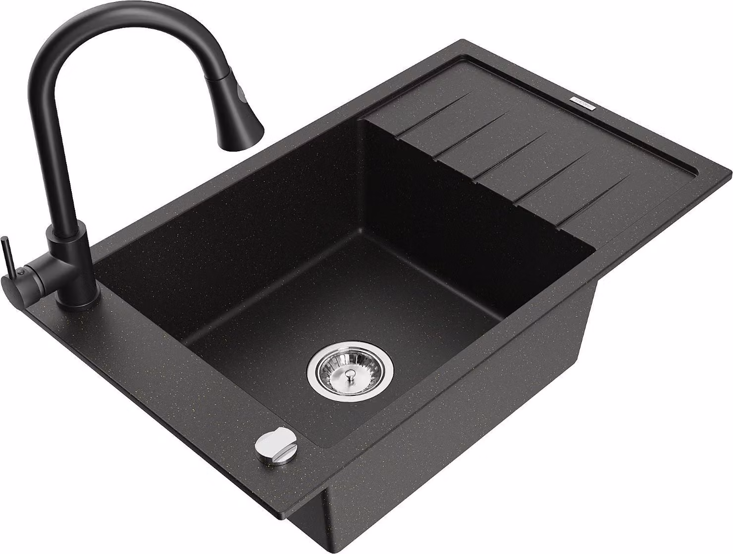 Mexen Elias lavello in granito a 1 vasca con sgocciolatoio e rubinetto da cucina Elia, nero/oro metallizzato - 6511-75-670101-70