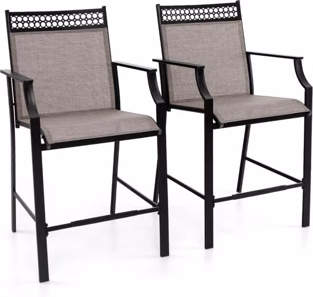 Set di 2 sgabelli da bar da esterno con braccioli e poggiapiedi in metallo nero opaco per giardino, balcone o terrazza, H: 114 cm, L: 62 cm, P: 66 cm